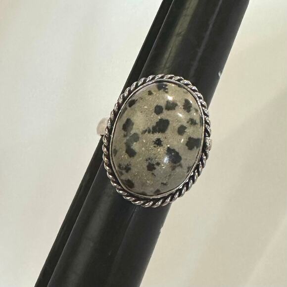 💕 Oval Dalmatian Jasper handmade ring stamped 925 silver overlay adjustable - Picture 1 of 4